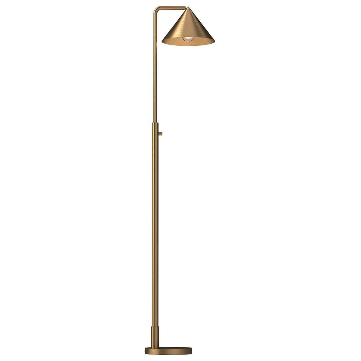 Lampadaire doré de face, abat-jour conique et tige verticale sur fond blanc
