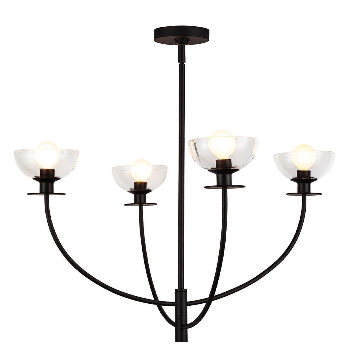 Lustre quatre lumières vu de face, structure noire et coupelles en verre transparent