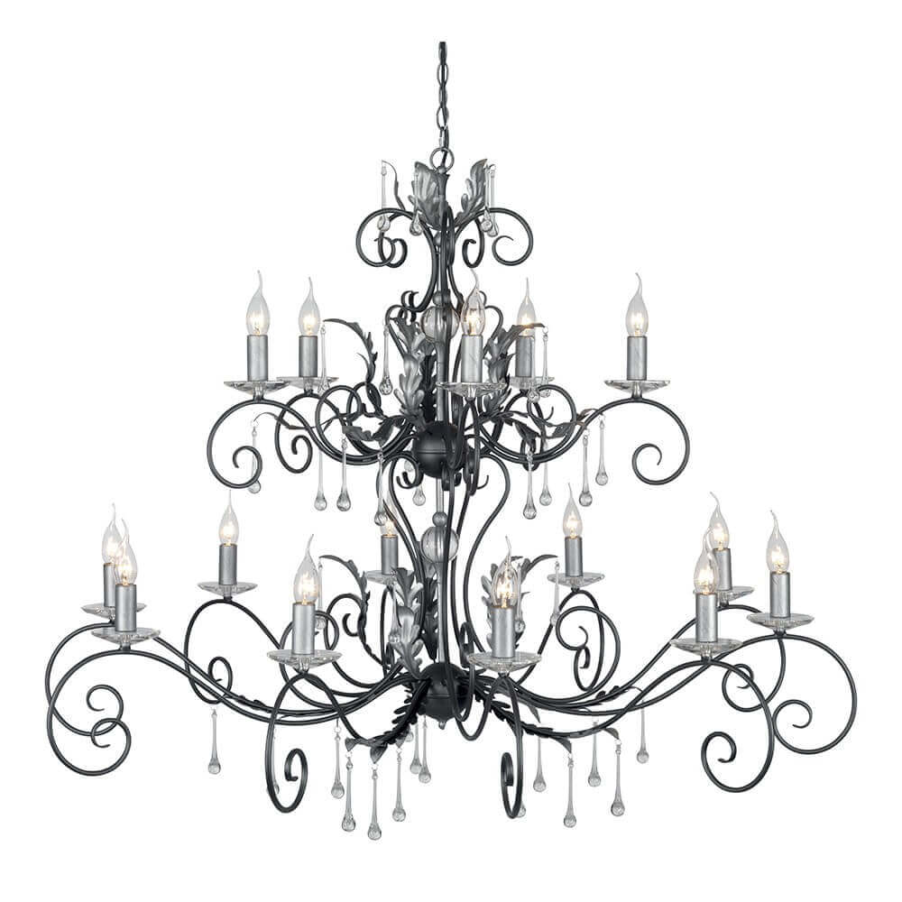Lustre quinze lumières en fer noir à bras recourbés et pampilles de cristal