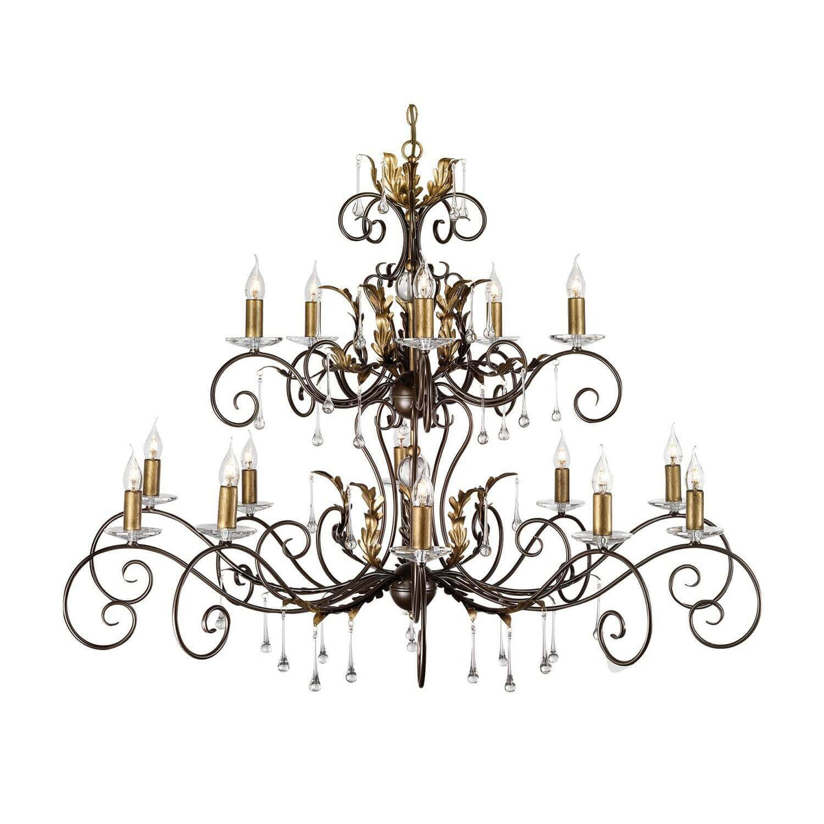 Lustre entier de face sur fond blanc avec quinze lumières, bras recourbés et pampilles en cristal.