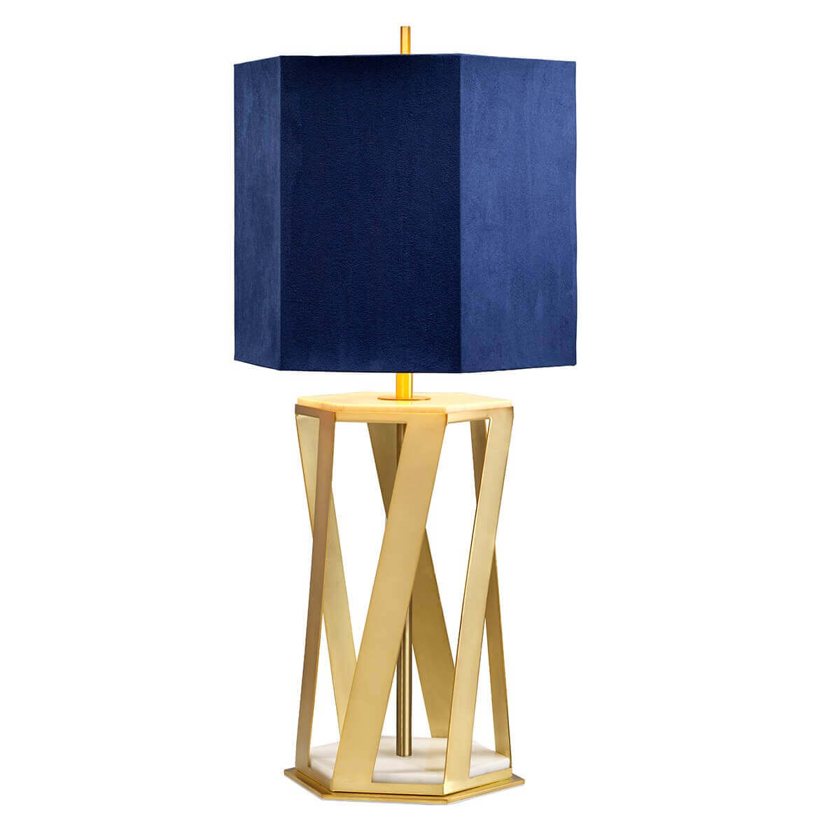 Vue de face de la lampe à poser avec abat-jour bleu et base dorée géométrique.