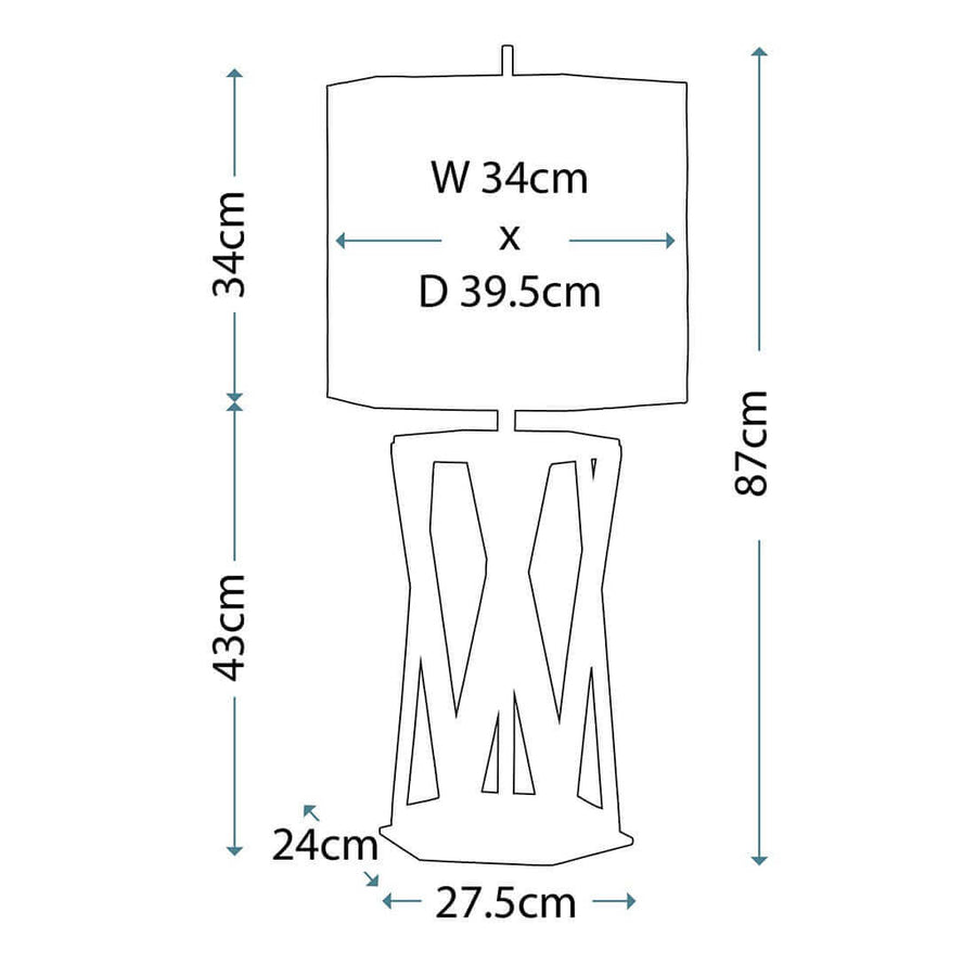 Schéma technique coté de la lampe à poser avec dimensions en centimètres.