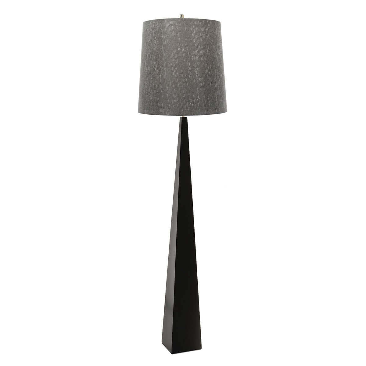 Lampadaire noir de face avec abat-jour gris texturé sur fond blanc