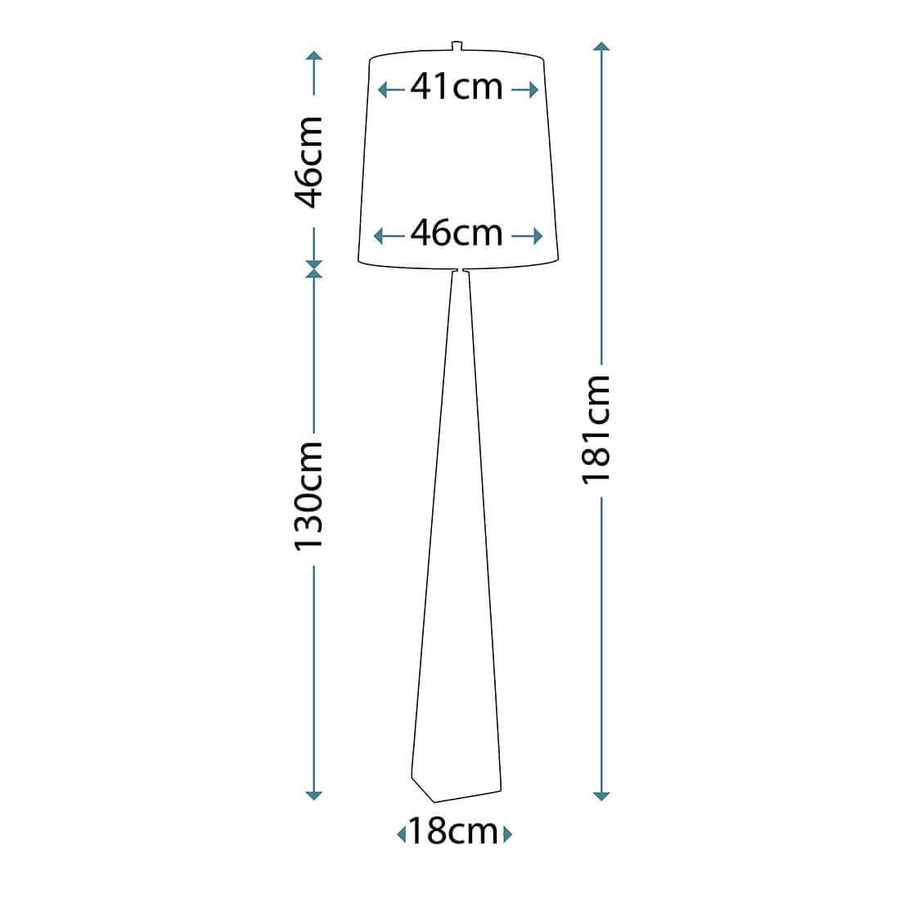 Schéma coté du lampadaire : hauteur totale 181 cm, abat-jour 46 cm, base 18 cm de large.