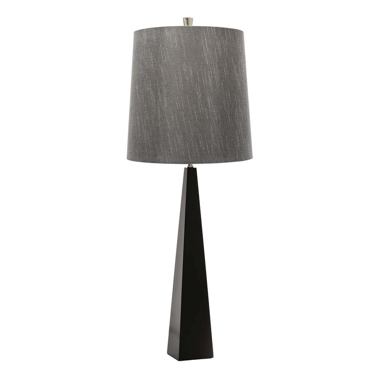 Lampe à poser noire et grise, pied triangulaire allongé, abat-jour texturé, vue de face.
