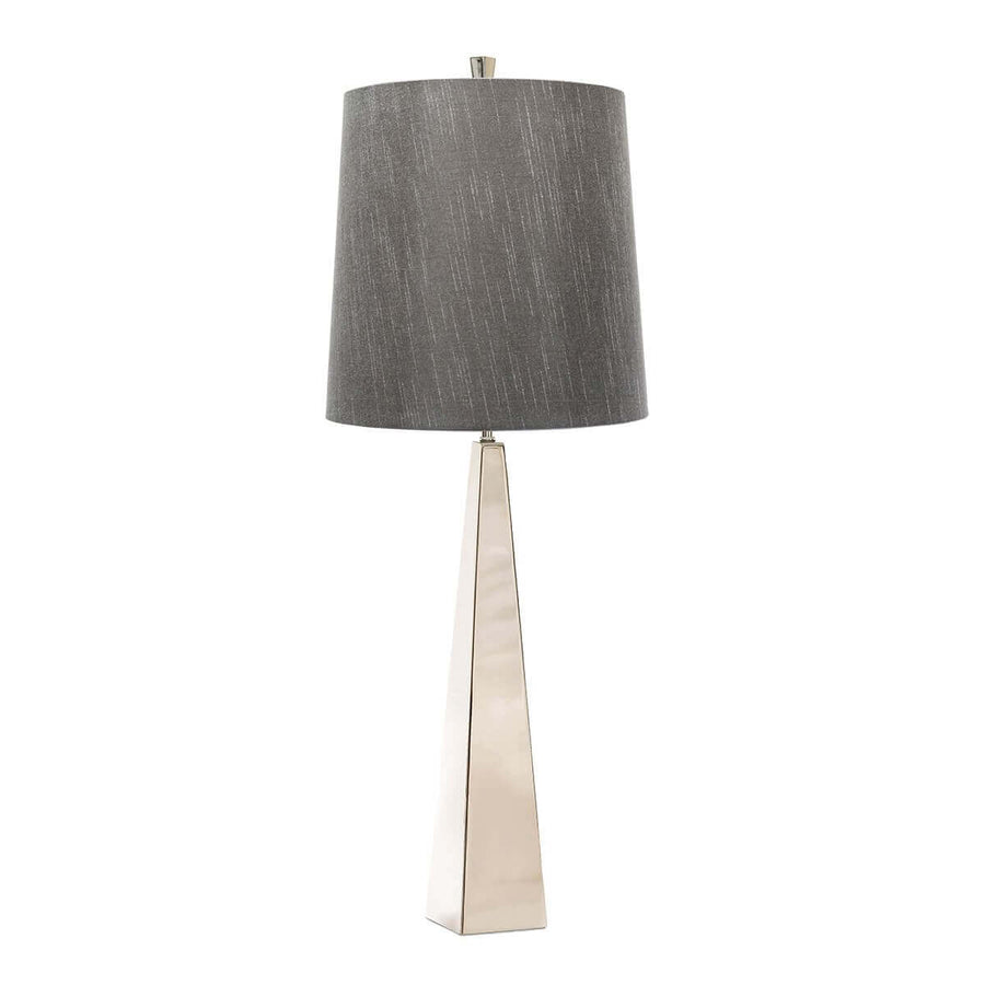 Lampe à poser de face, base conique en nickel poli et abat-jour gris foncé texturé