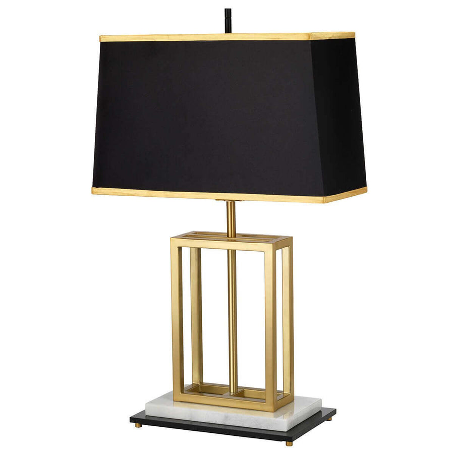 Seconde vue du produit montrant le cadre rectangulaire doré, l’abat-jour noir et le socle.