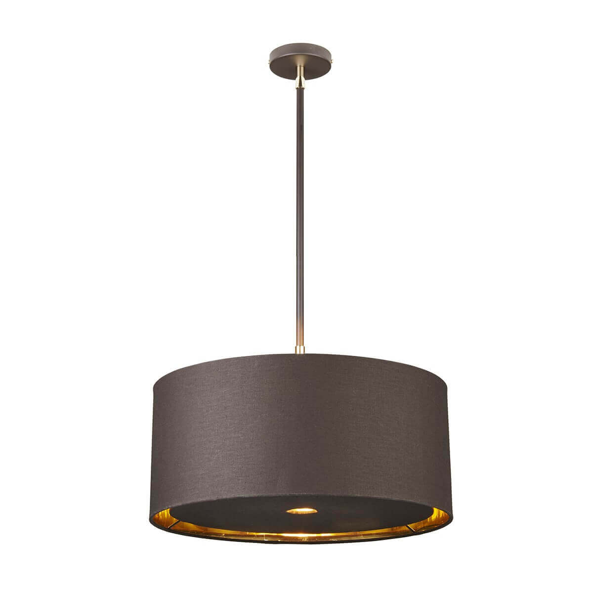 Suspension vue de face, abat-jour cylindrique marron et intérieur laiton poli