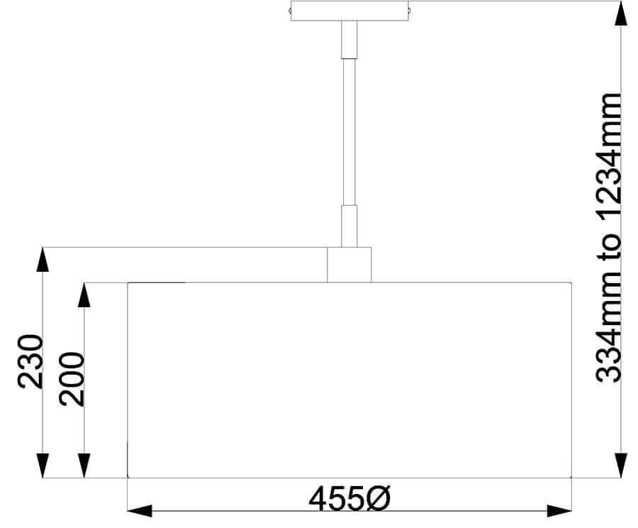 Schéma coté du luminaire avec hauteur réglable et diamètre de l'abat-jour