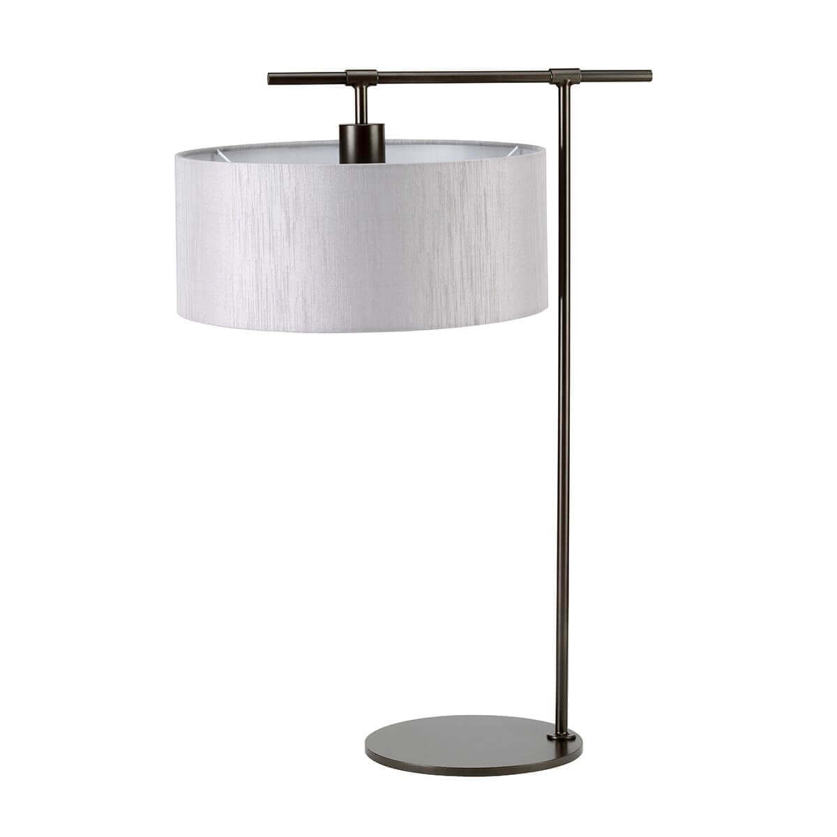 Lampe à poser de face, abat-jour cylindrique clair et structure métal foncé