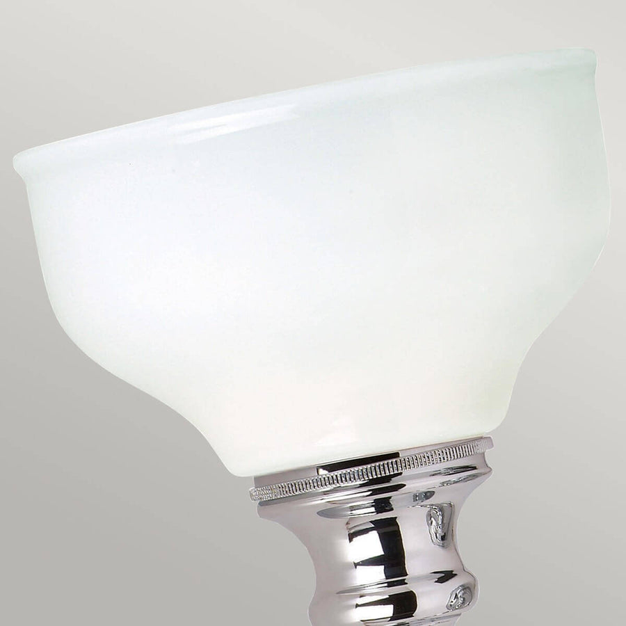 Gros plan sur la coupe en verre dépoli blanc et sa bague chromée striée