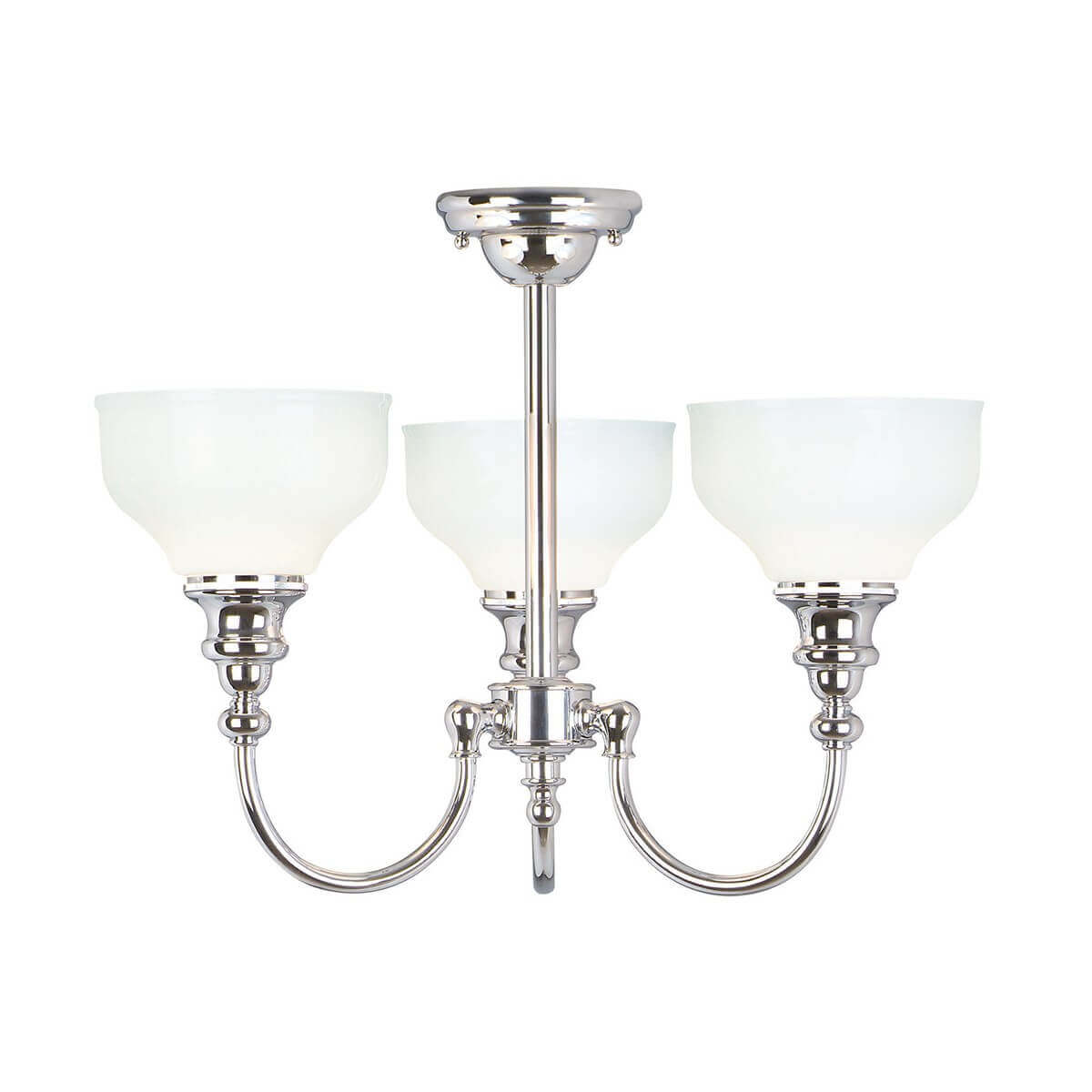 Lustre trois lumières chromé suspendu, verre opalin, vue de face sur fond blanc