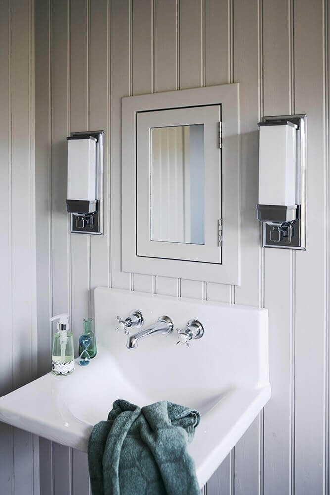 Mise en ambiance de deux appliques fixées de part et d'autre d'un miroir de salle de bain