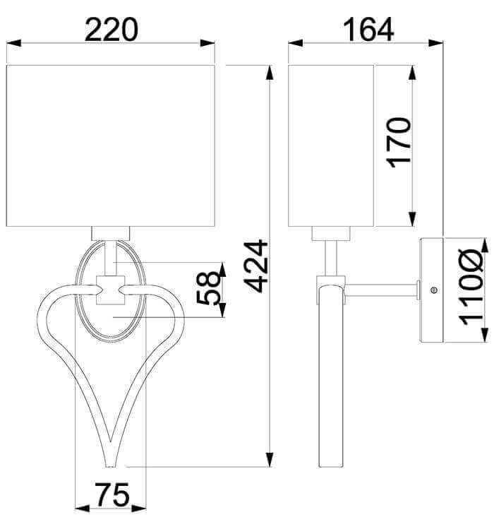 Schéma coté de l'applique avec hauteur 424 mm et largeur 220 mm.