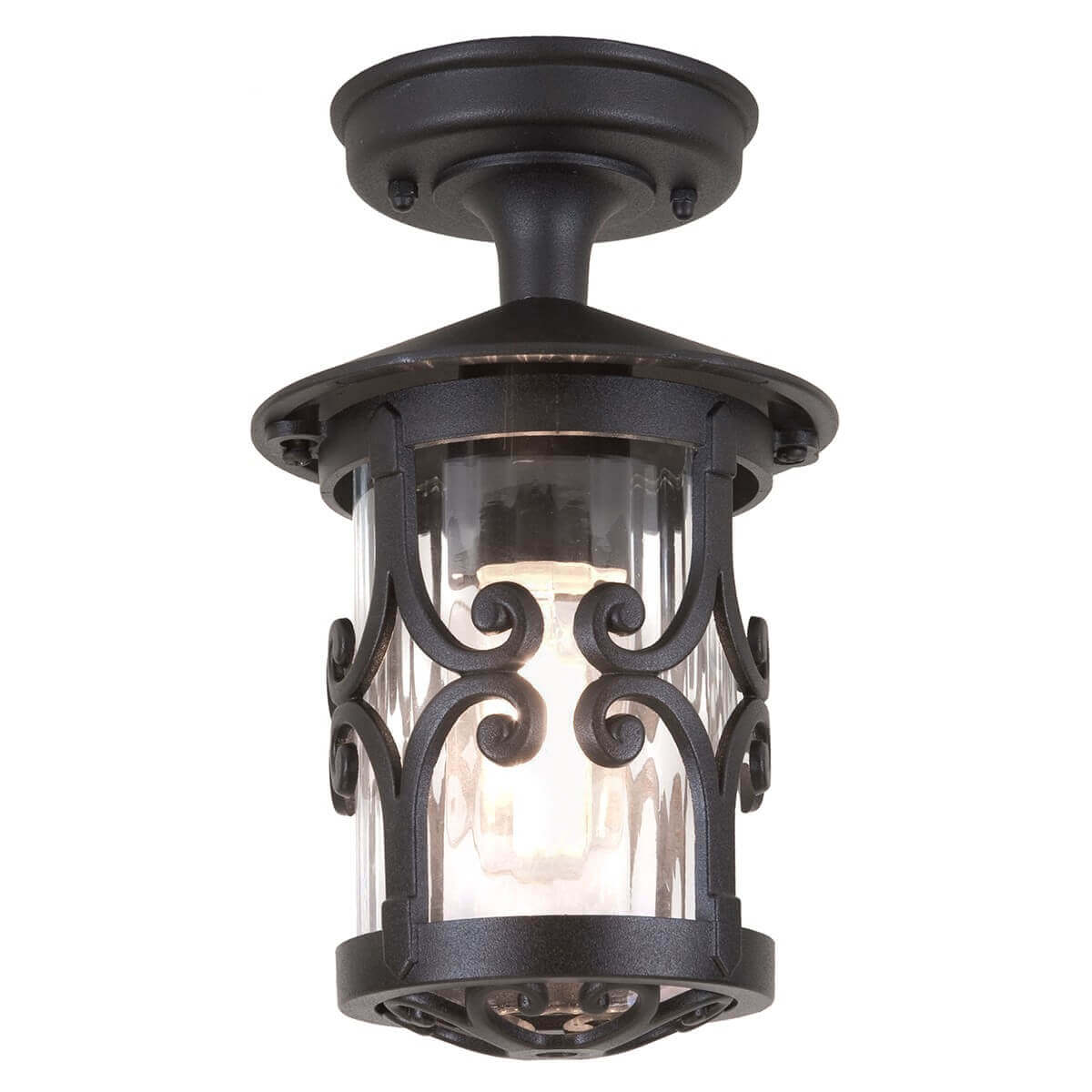 Plafonnier extérieur noir vu de face, monture métallique et verre cylindrique