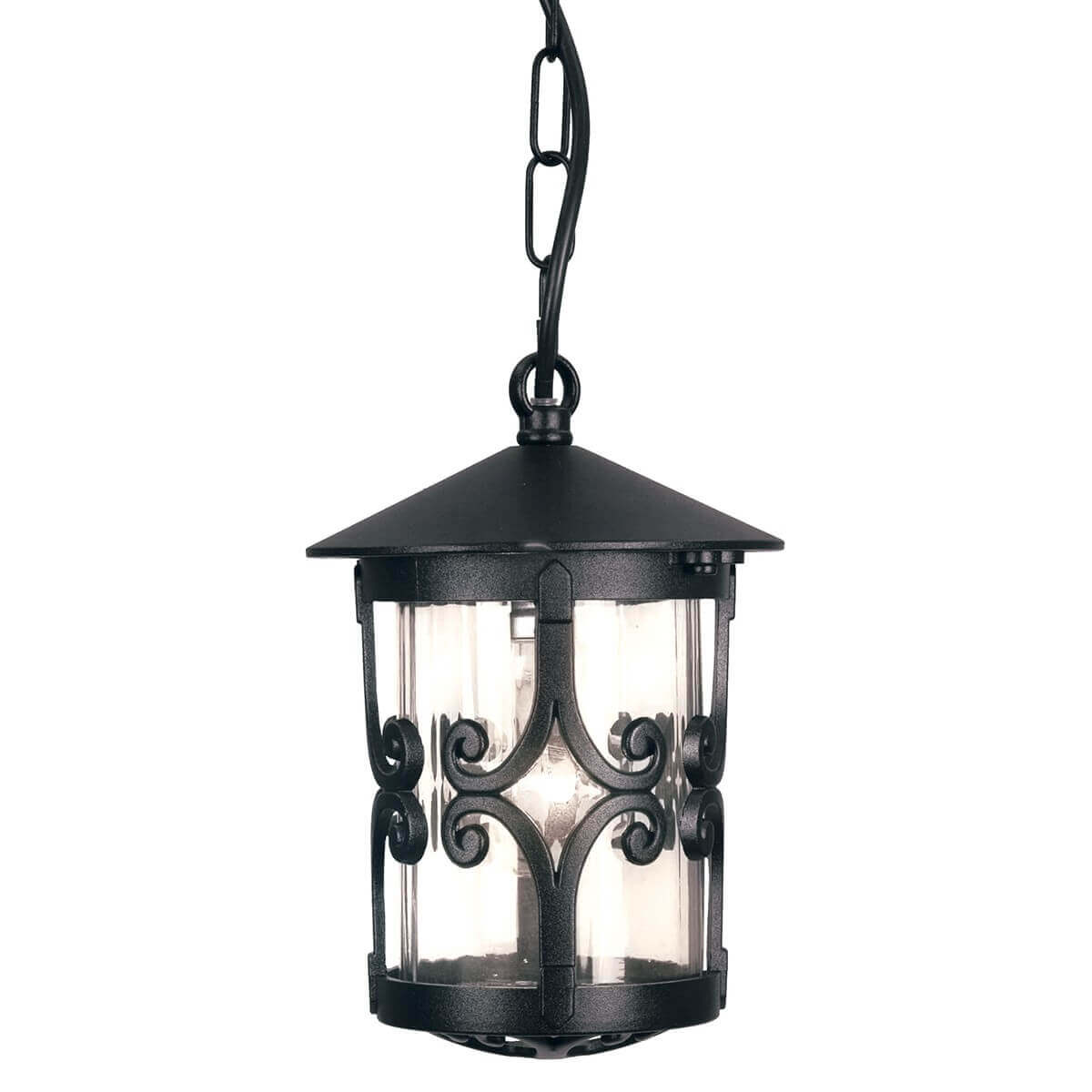 Suspension extérieure noire en métal forgé et verre, vue de face sur fond blanc