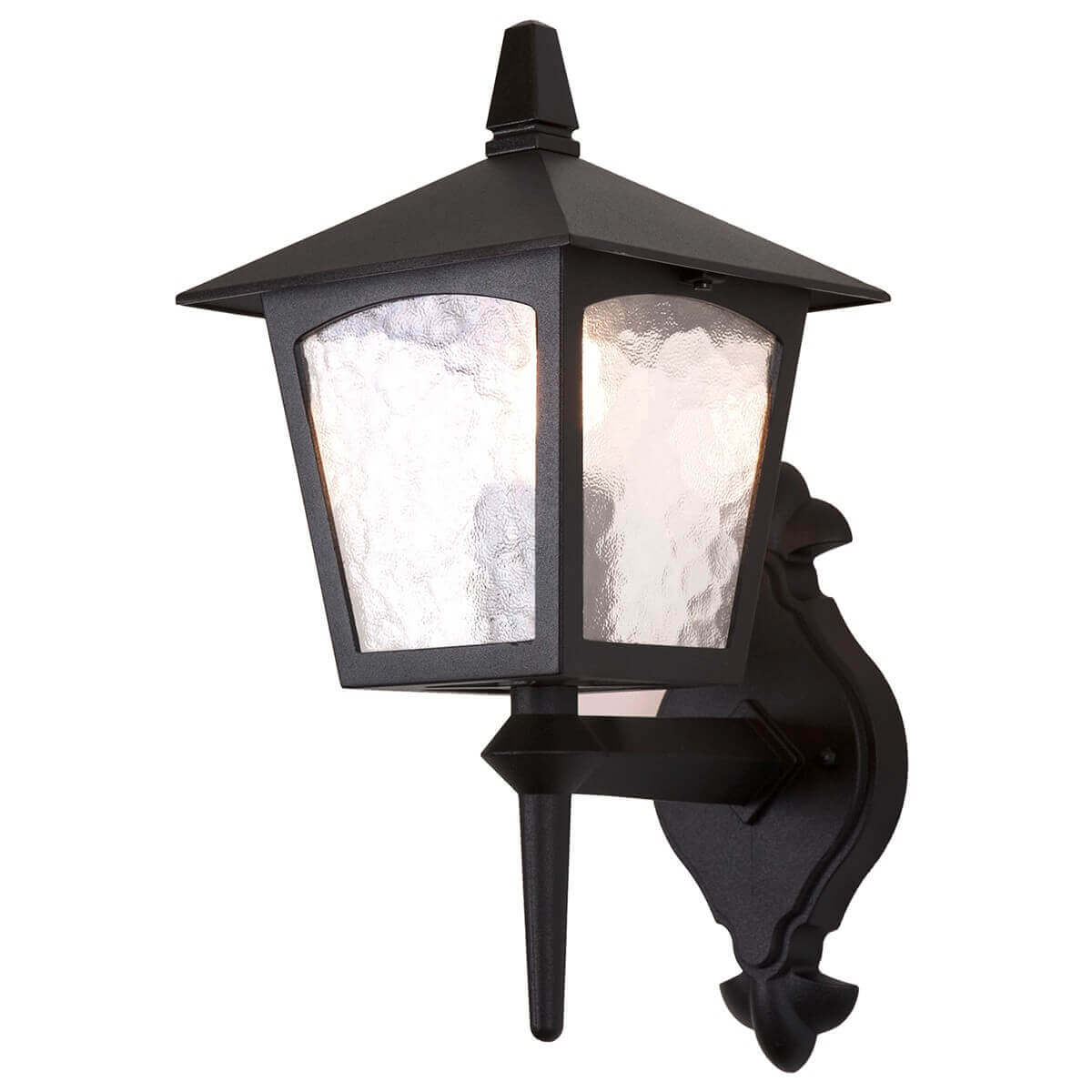 Applique murale extérieure noire vue de face, verre martelé et support décoratif ouvragé