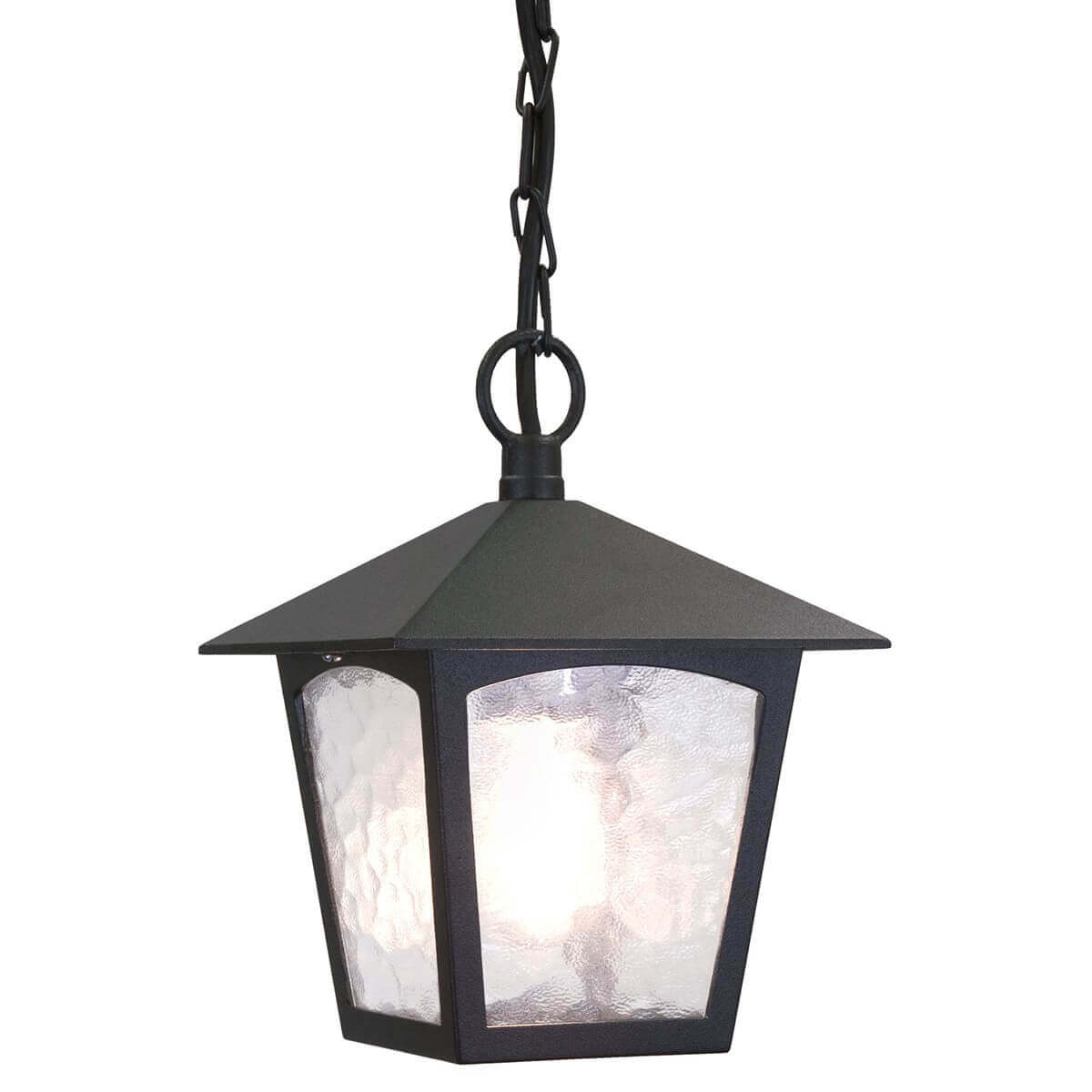 Suspension extérieure noire à lanterne carrée et verre embossé, vue de face
