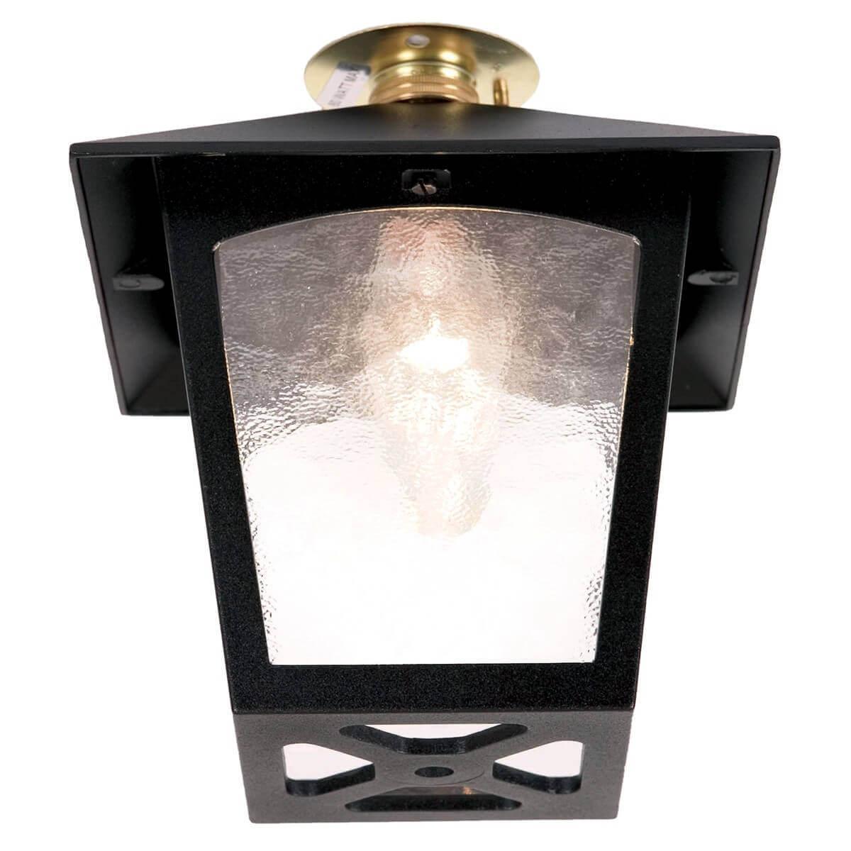 Plafonnier extérieur noir vu de face avec verre martelé et fixation dorée visible.