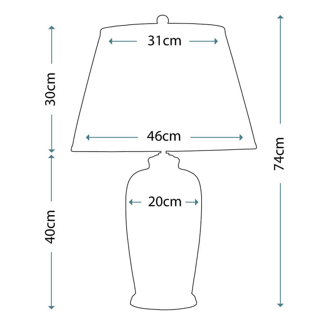 Schéma de dimensions : hauteur totale 74 cm, diamètre abat-jour 46 cm