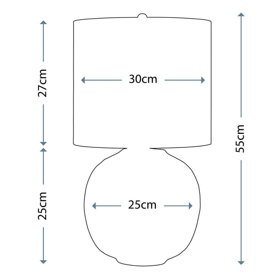 Schéma coté de la lampe indiquant 55 cm de hauteur et 30 de diamètre