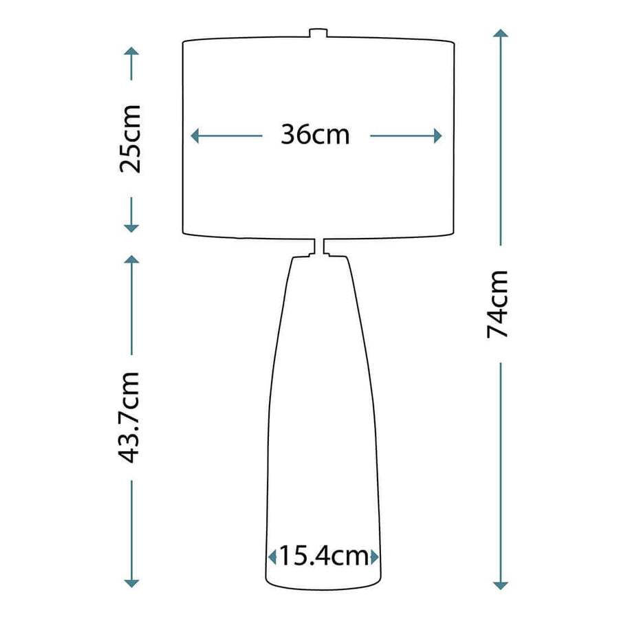 Schéma technique avec dimensions hauteur 74 cm, diamètre abat-jour 36 cm, base 15,4 cm.