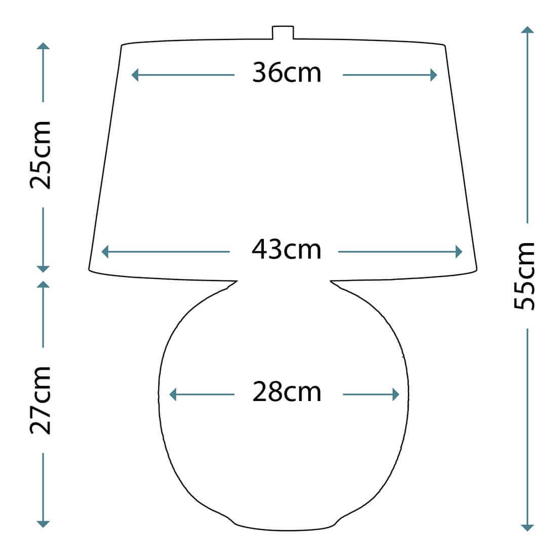 Schéma coté du luminaire indiquant 55 cm de hauteur et 43 cm de largeur