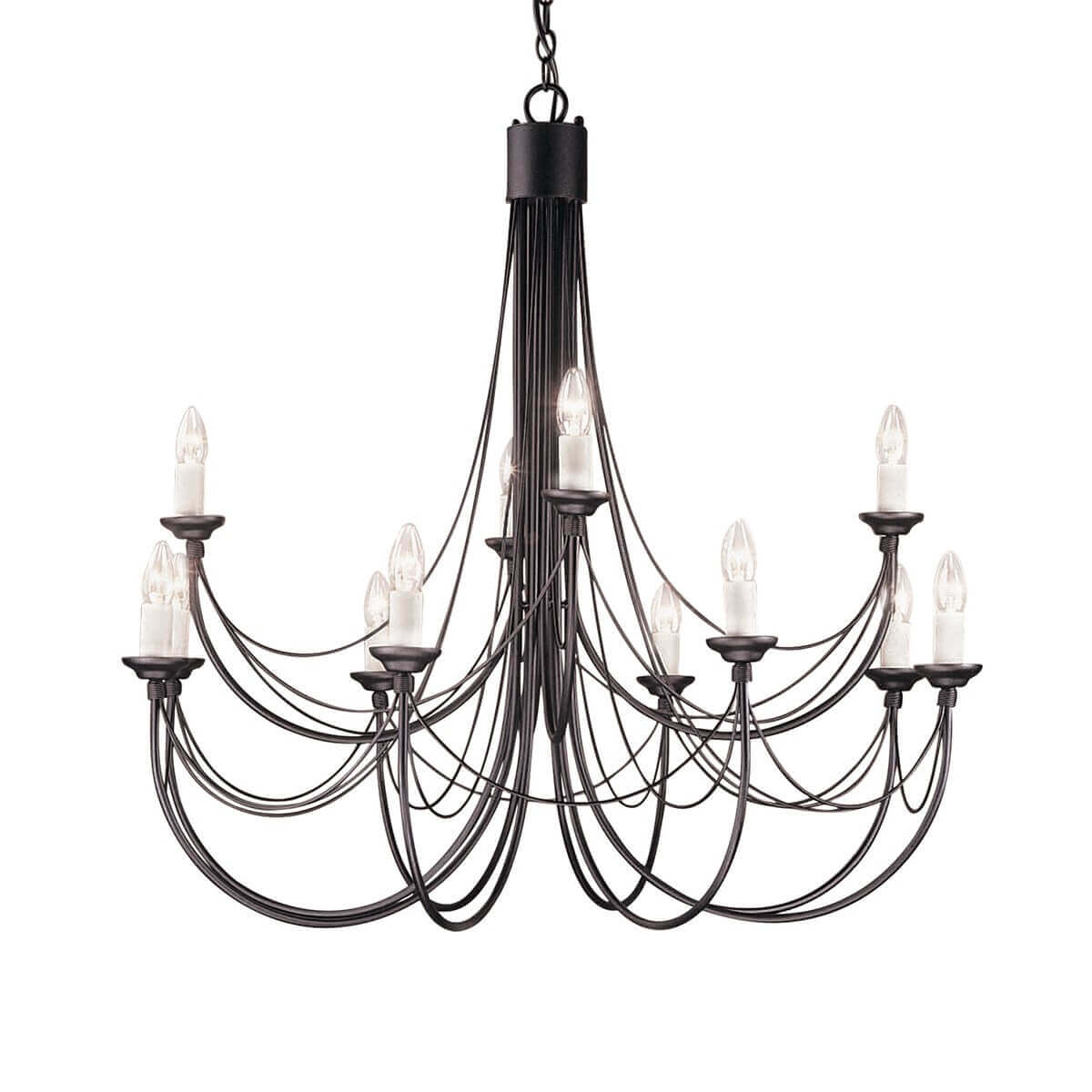 Lustre noir à douze lumières, vue de face sur fond blanc, silhouette arrondie et bras courbés.