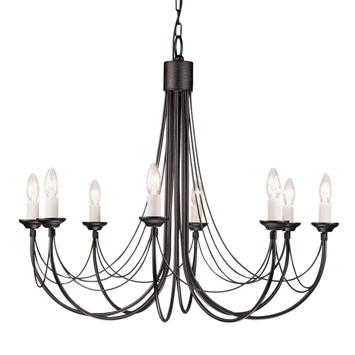 Lustre noir huit lumières, bras métal courbés et douilles façon bougie, fond blanc