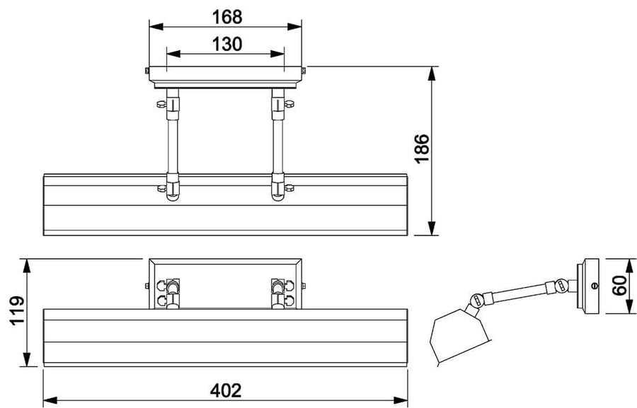 Schéma technique coté de l'applique avec largeur et hauteur en millimètres.