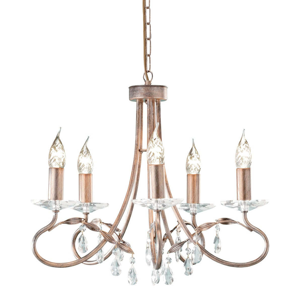 Lustre cinq bras vu de face, finition argenté doré et pampilles en cristal