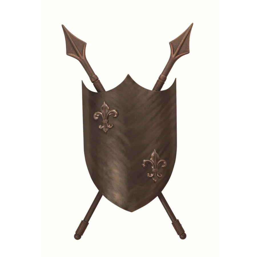 Applique murale en forme de bouclier avec deux lances croisées, finition bronze vieilli