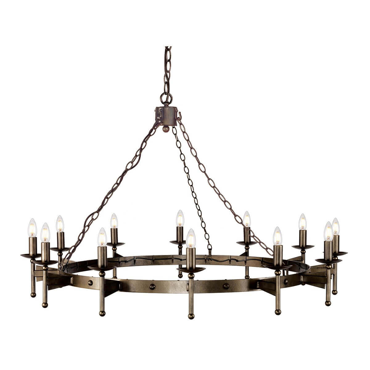 Lustre circulaire en métal bronze à douze bougies, vue de face sur fond blanc