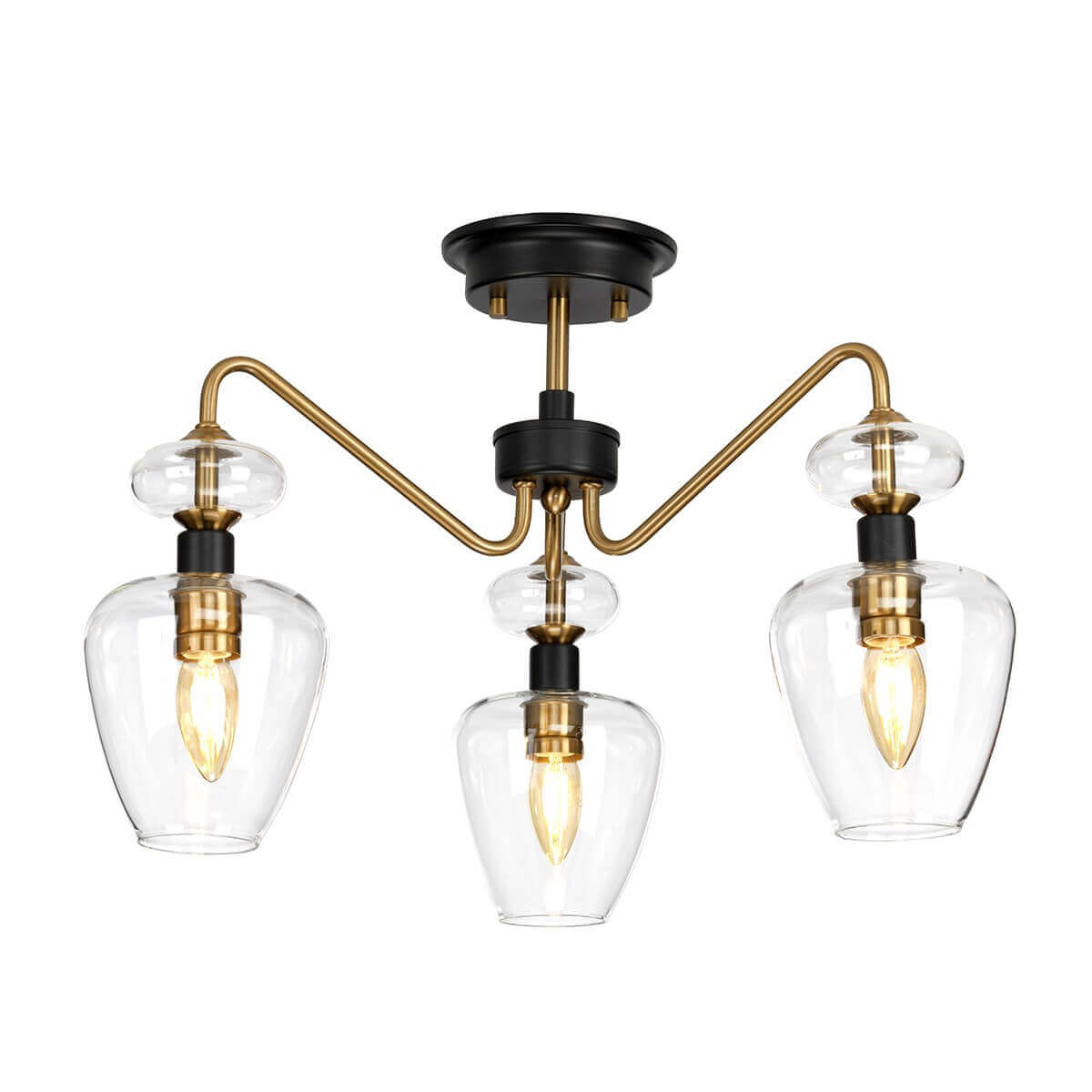 Plafonnier trois lumières en laiton vieilli et noir, verre transparent, vue de face