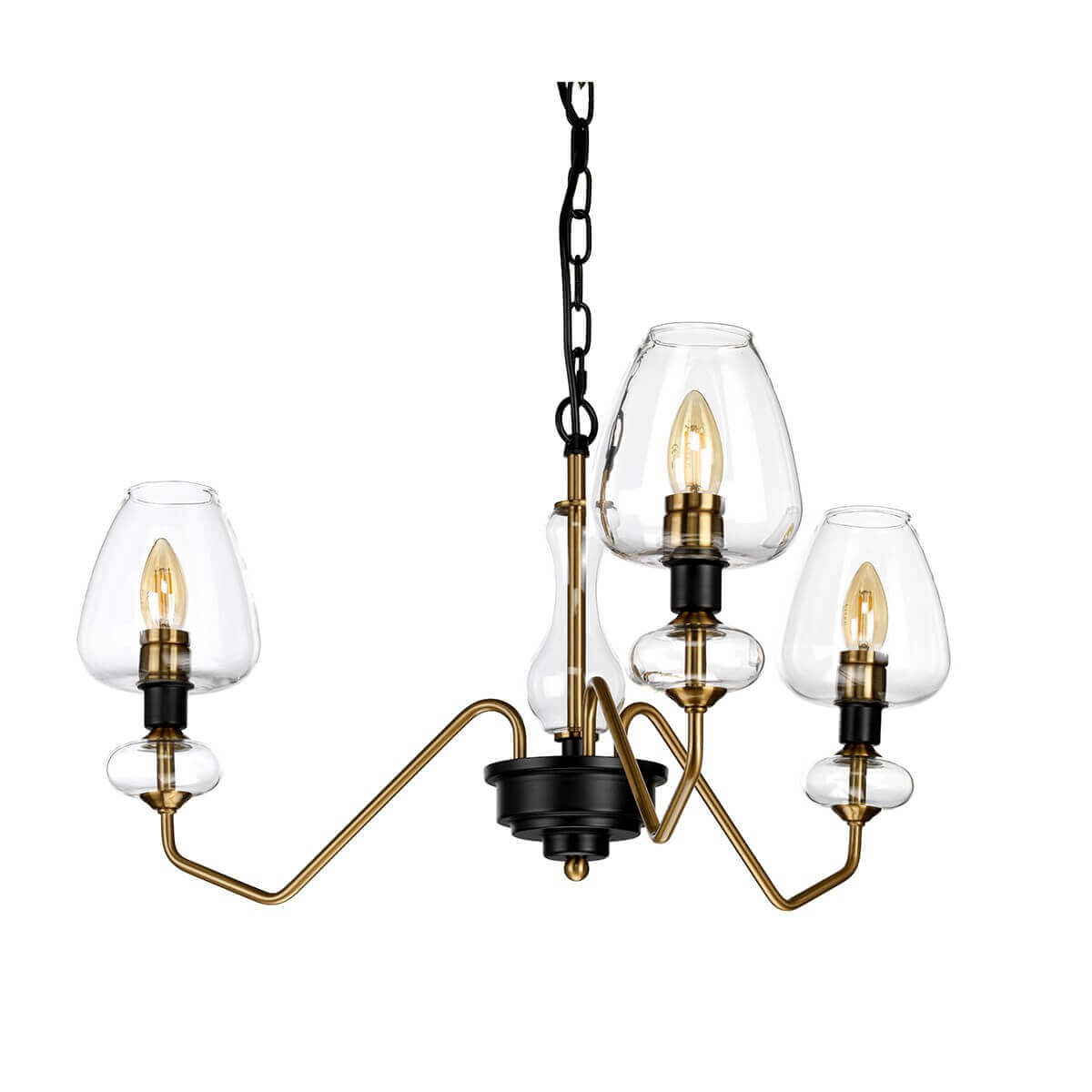 Vue de face du luminaire suspendu, ses trois bras courbés et ses verres clairs