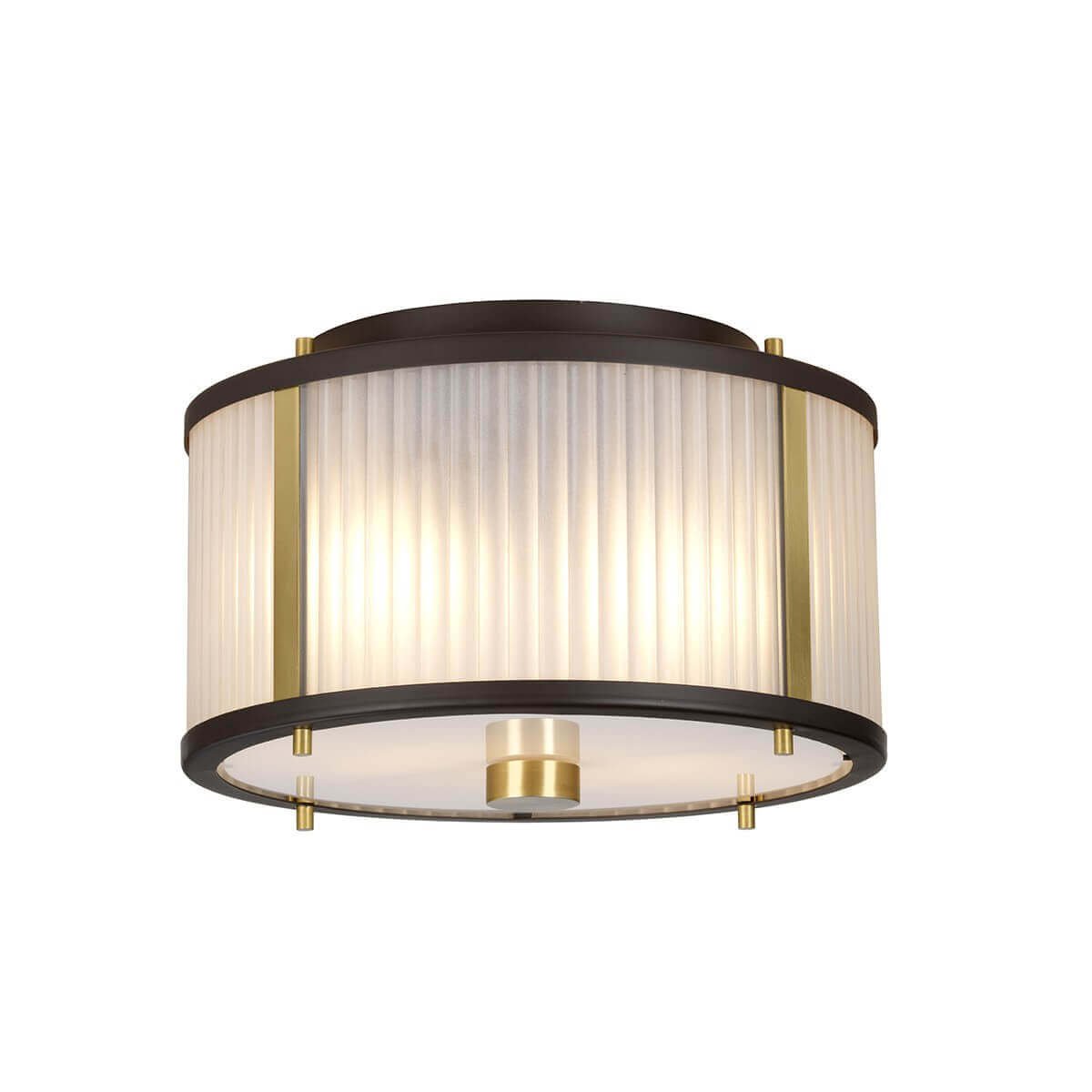 Vue rapprochée du bas du luminaire montrant l'abat-jour cylindrique en verre strié et les détails dorés