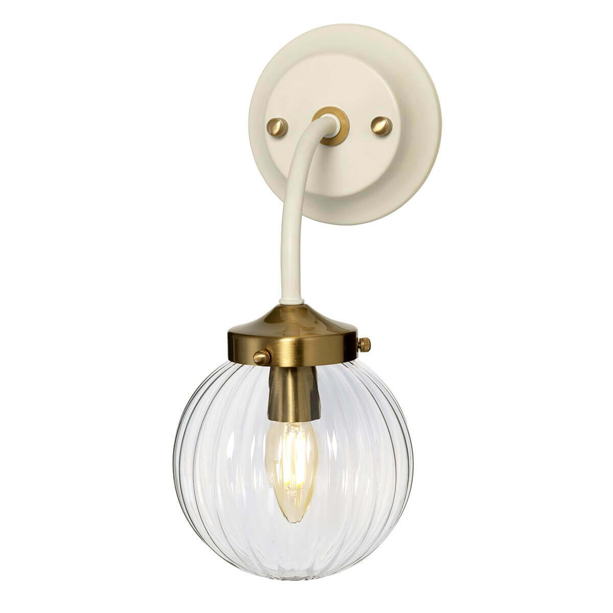 Applique murale de face, sphère en verre strié et support crème et laiton