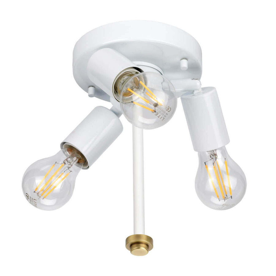 Vue intérieure du plafonnier avec trois douilles, ampoules filament et tige centrale en laiton.