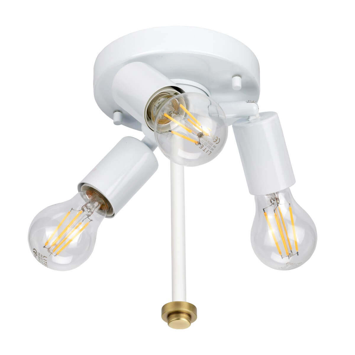 Vue de dessous montrant trois ampoules et bras blancs, finition laiton centrale