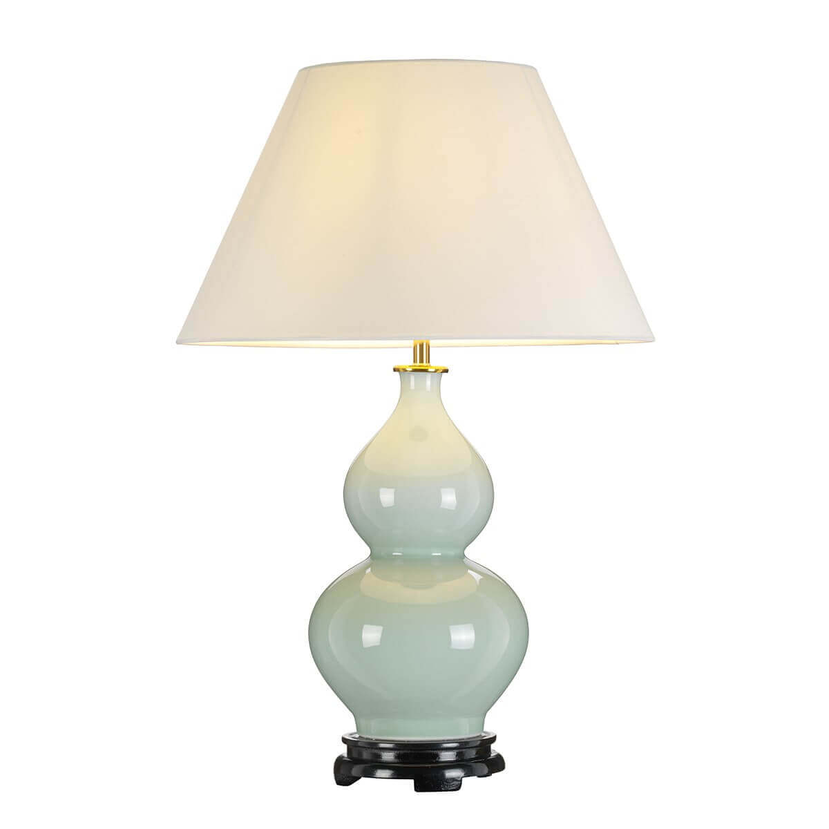 Lampe à poser de face, base céramique double gourde vert d'eau et abat-jour conique crème