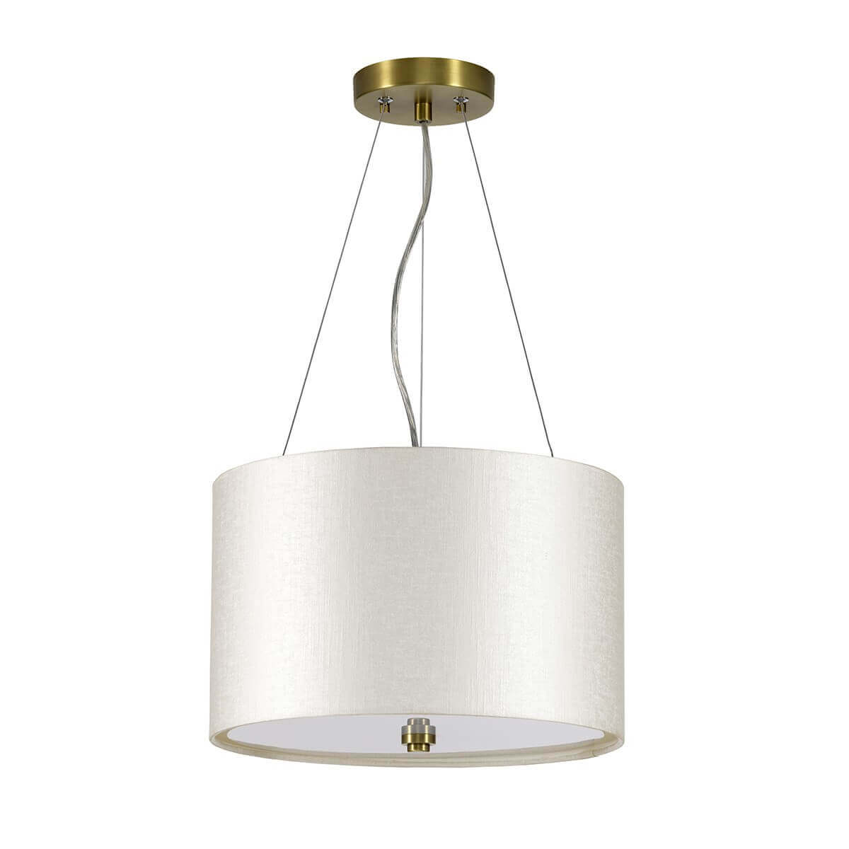 Vue de face du luminaire suspendu avec abat-jour crème et câbles fins.