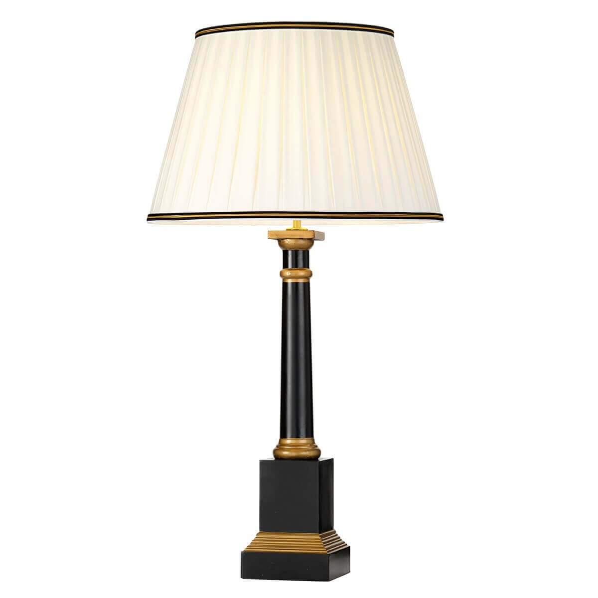 Lampe à poser de face, colonne noire cerclée de laiton et abat-jour plissé ivoire