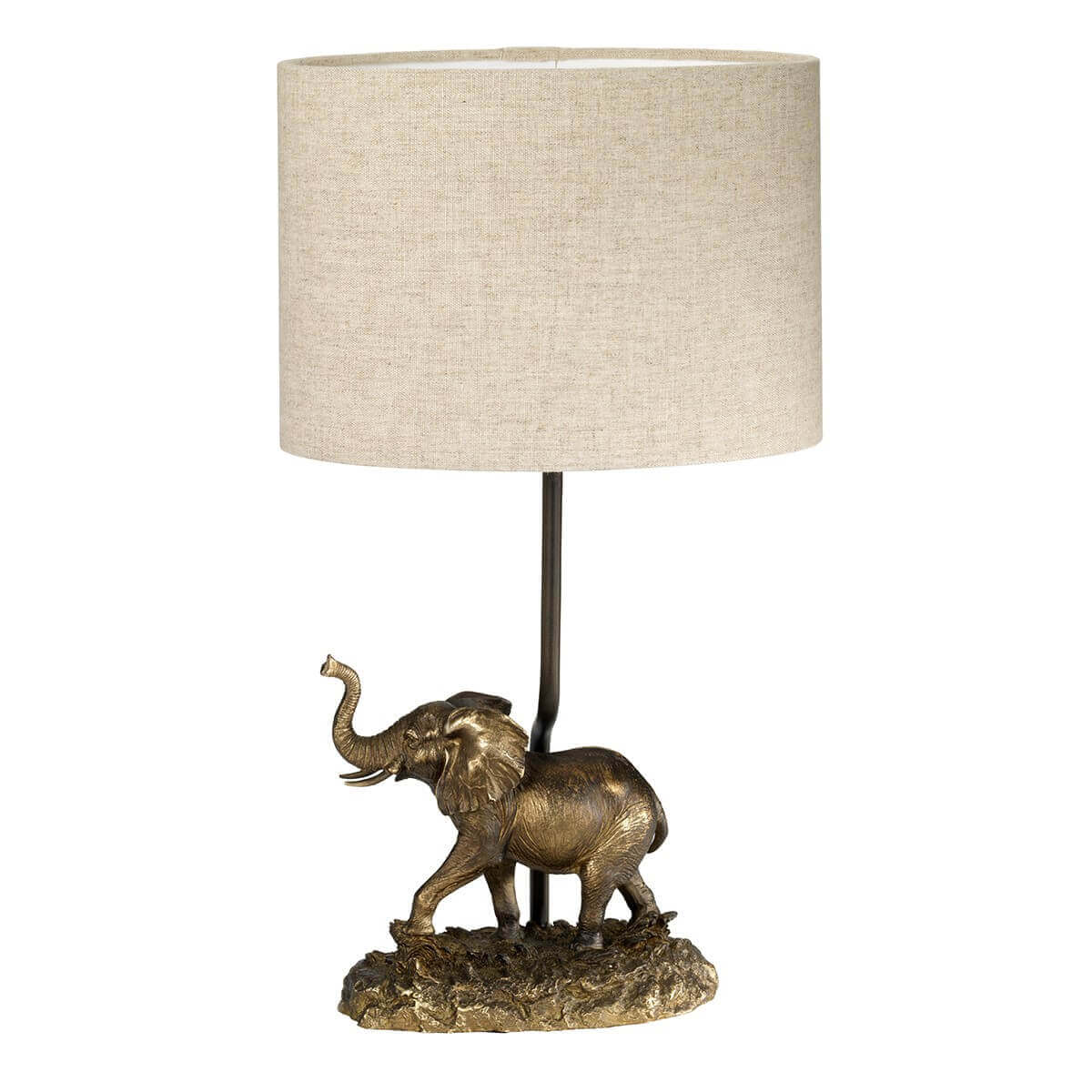 Vue de face de la lampe, montrant l'éléphant sur un socle rocheux et l'abat-jour cylindrique.