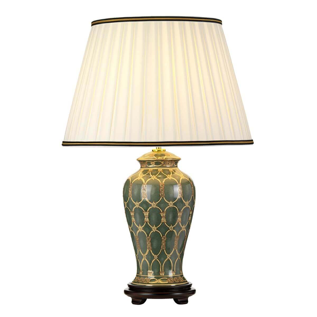 Lampe à poser en céramique verte ornée de motifs dorés, abat-jour plissé crème