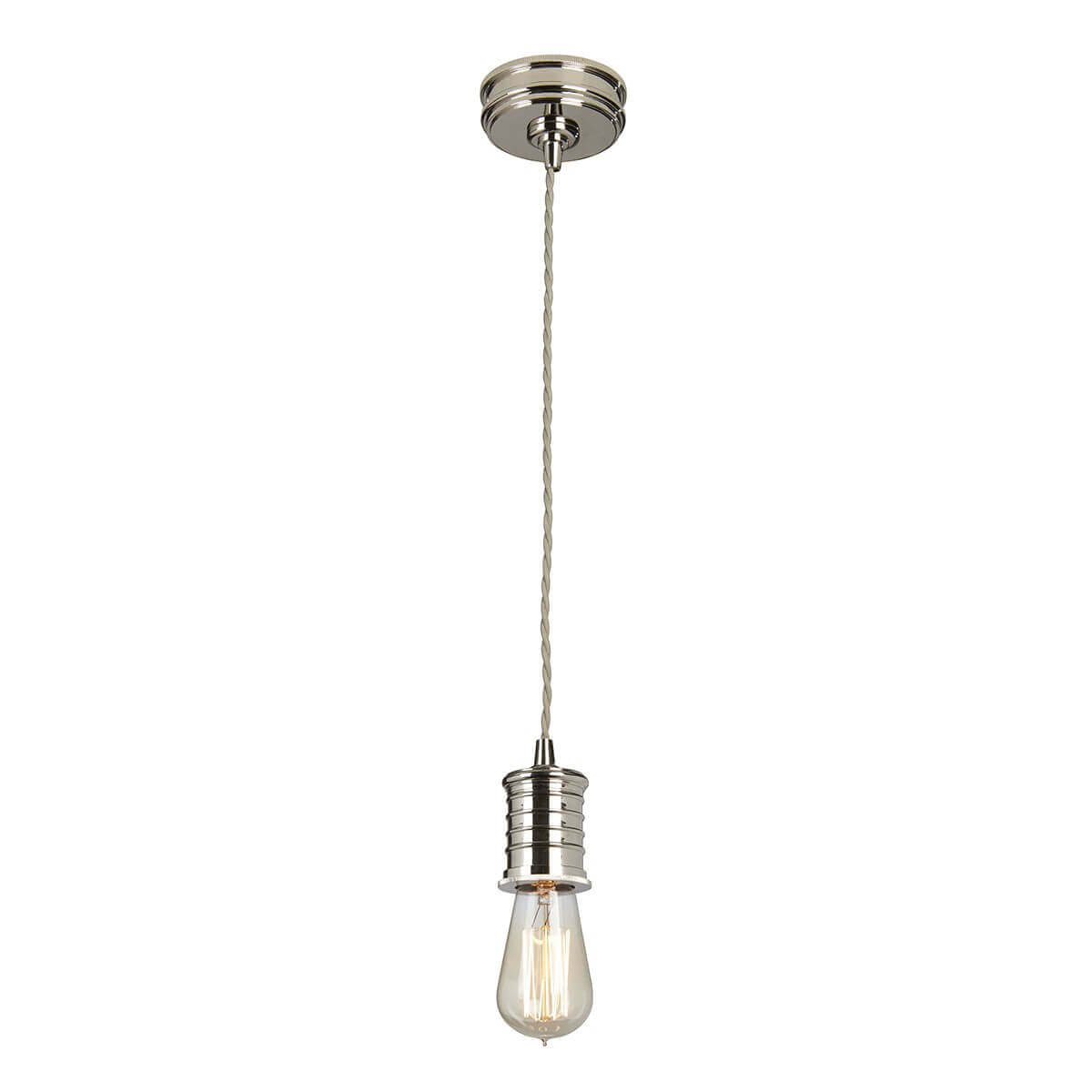 Suspension complète avec douille nickel poli, câble tressé beige et ampoule à filament.
