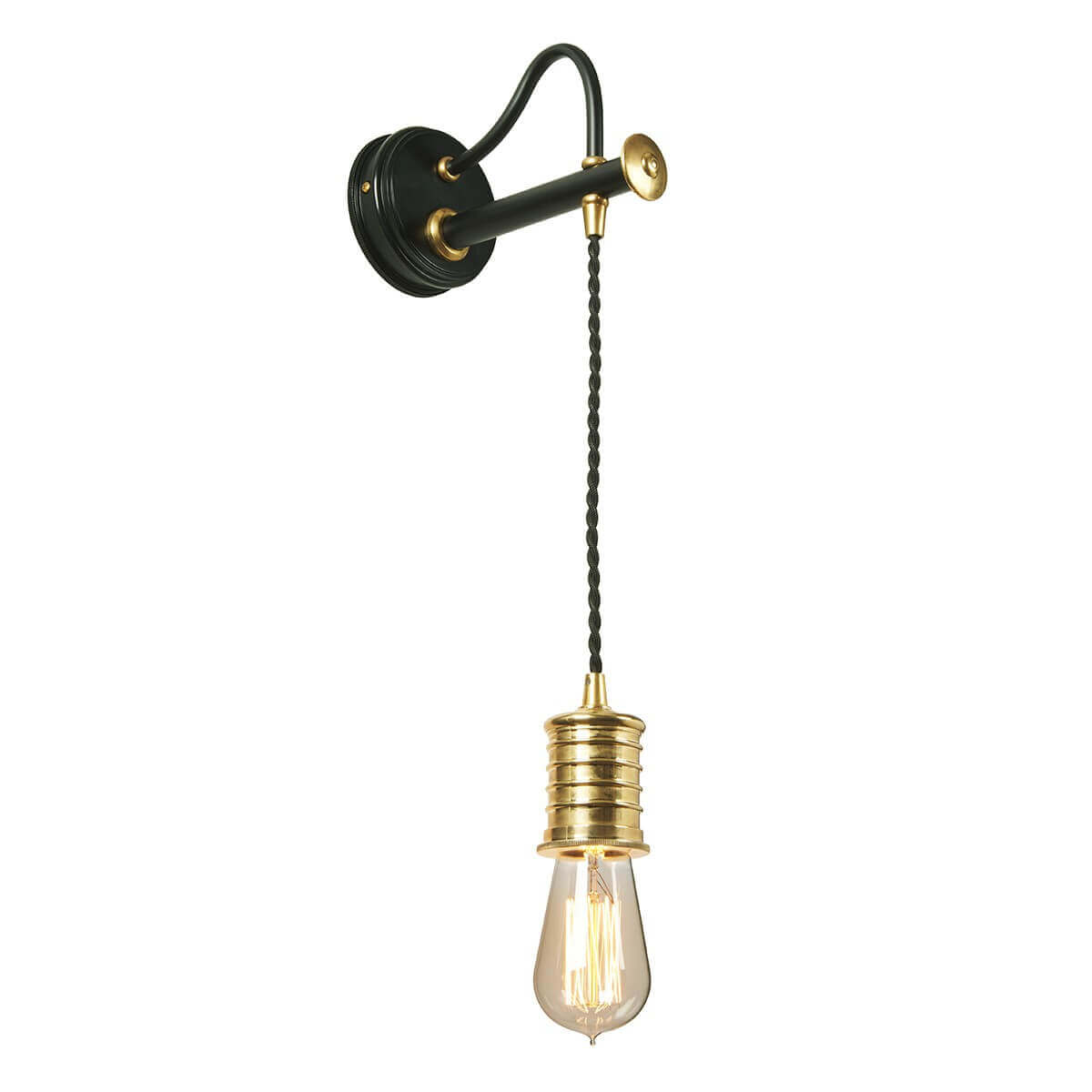 Vue de face de l'applique murale avec ampoule Edison et cordon torsadé noir.
