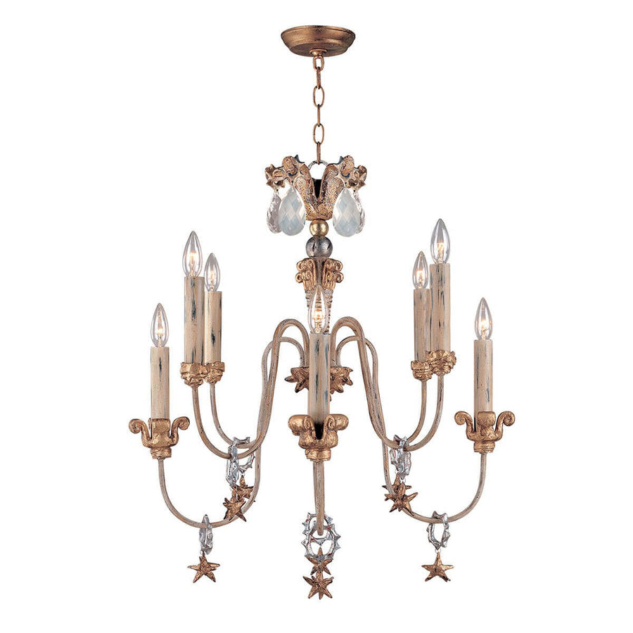 Lustre entier de face avec huit bras lumineux et pampilles en cristal.