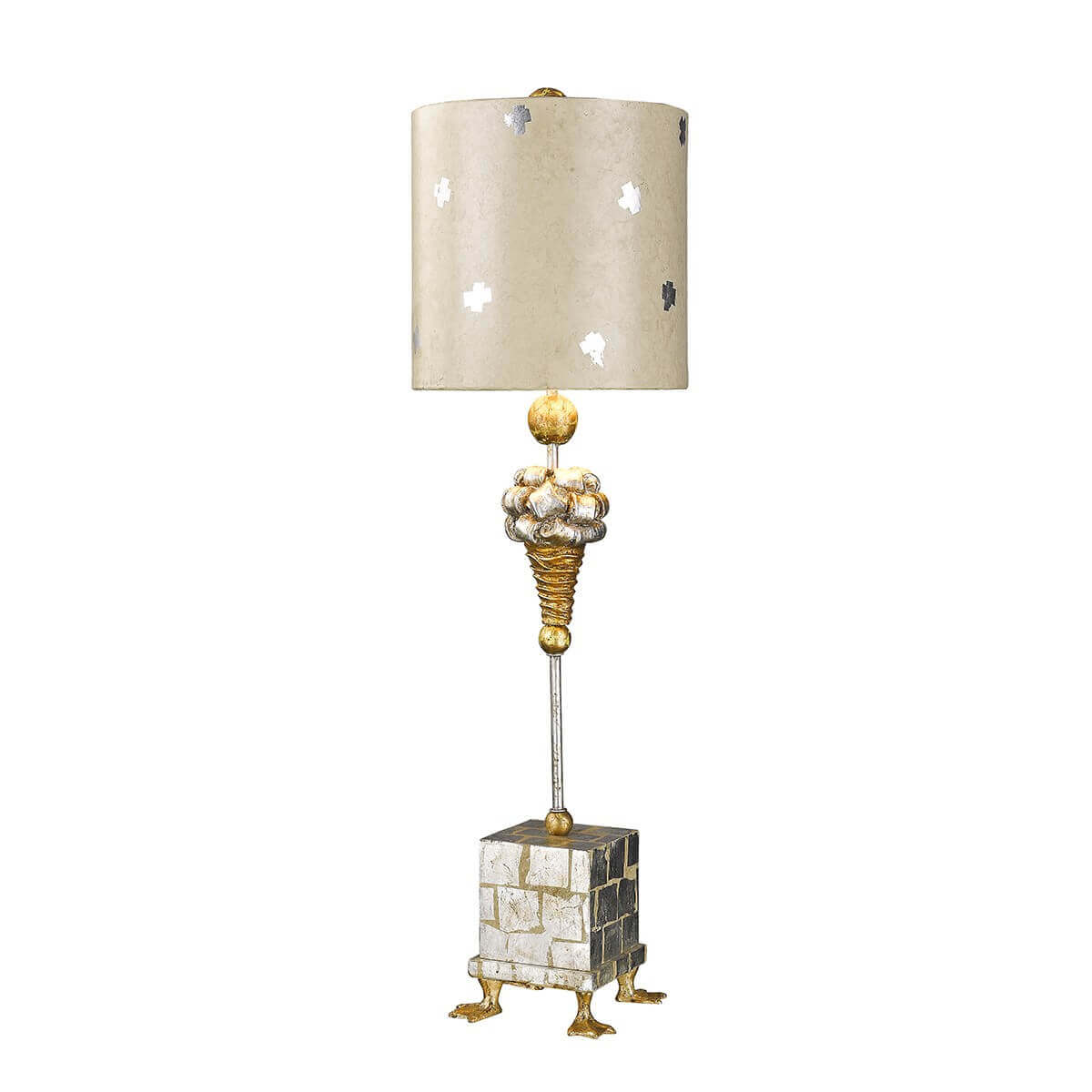 Lampe à poser de face avec abat-jour cylindrique beige et pied orné doré