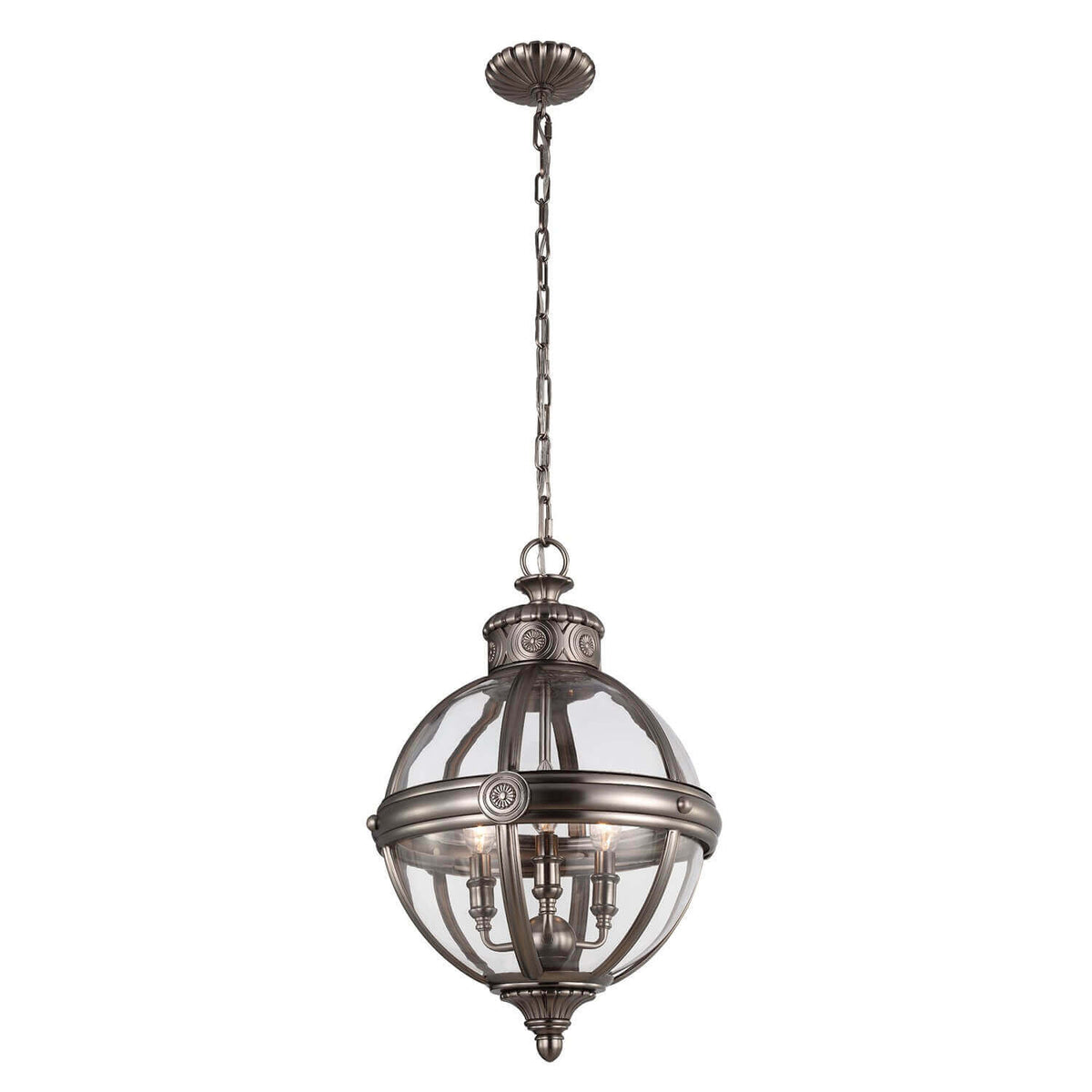 Lustre sphérique suspendu par une chaîne, verre clair et monture nickelée, vu de face