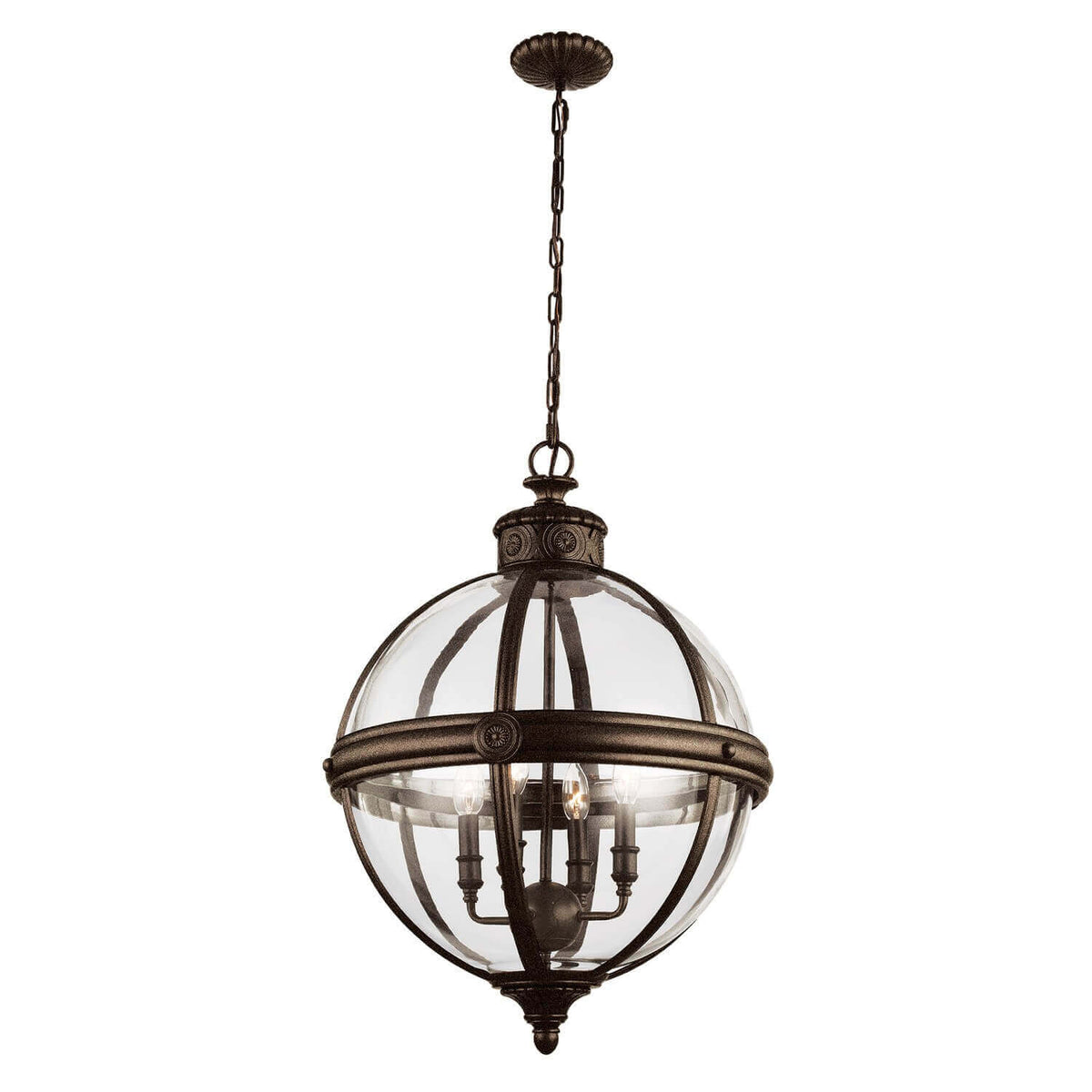 Lustre suspension complet avec globe en verre et armature en bronze, vue de face.